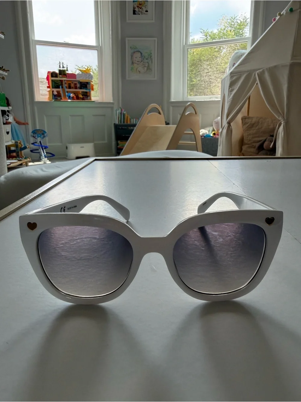 J. Crew White Oversized Cat-Eye Sunglasses with Heart Accents